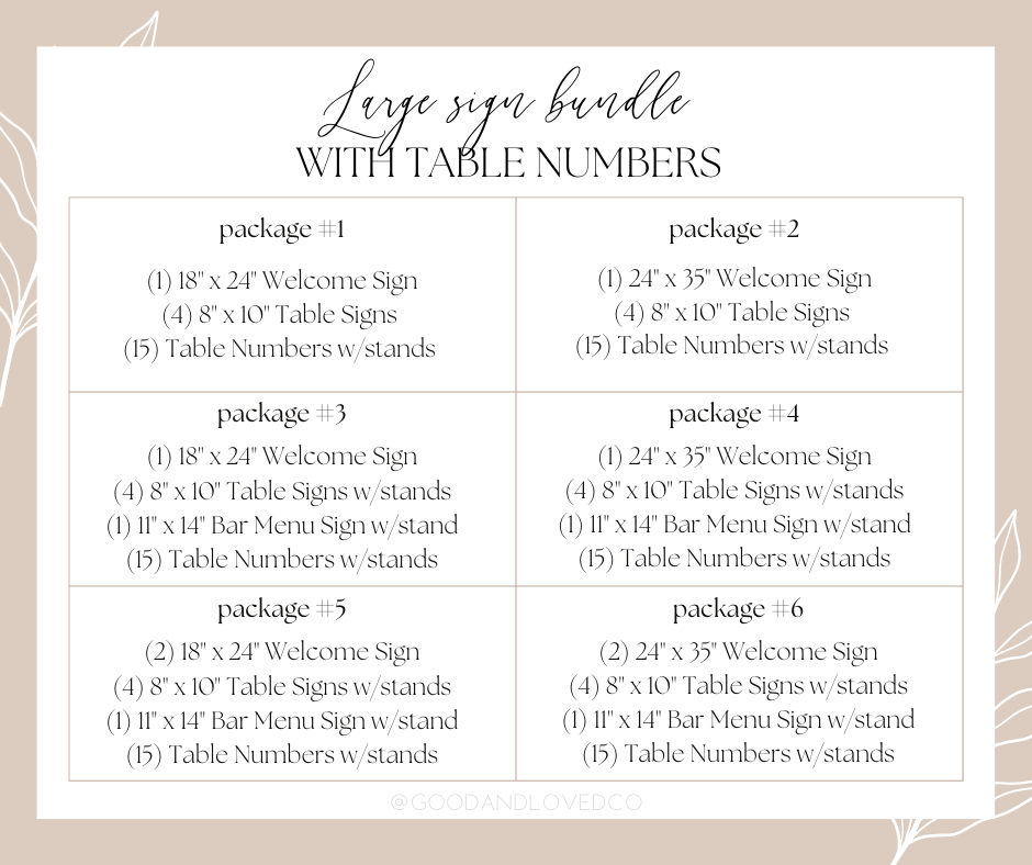 Large Wedding Sign Bundle + Table Numbers